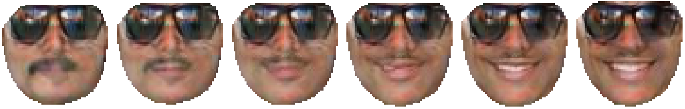 Generated male face with glasses changing from neutral to smiling
