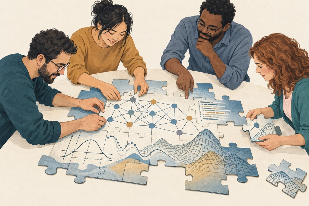 Four people assembling puzzle pieces with a neural network, code, and scientific plots.