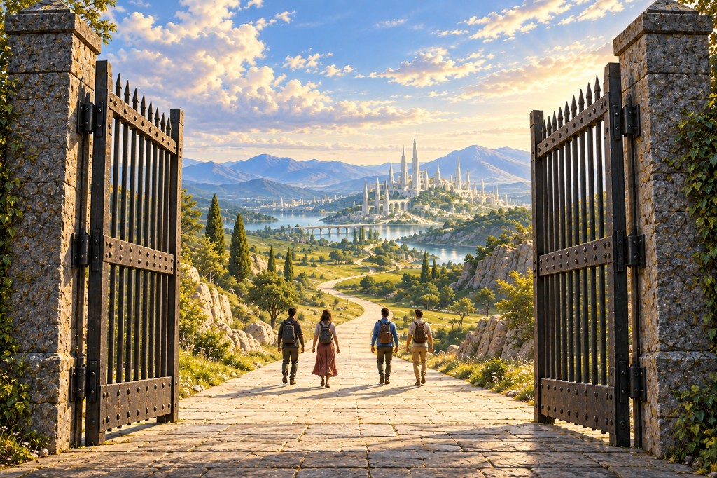 People walk through open gates, toward a brighter, open world!