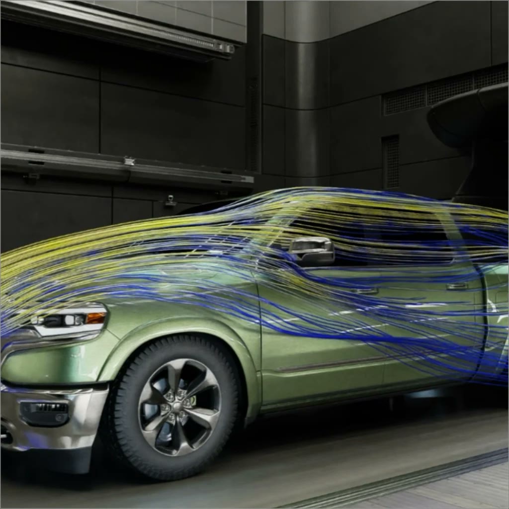 Computational fluid dynamics visualization: airflow streamlines over a car body in a wind tunnel